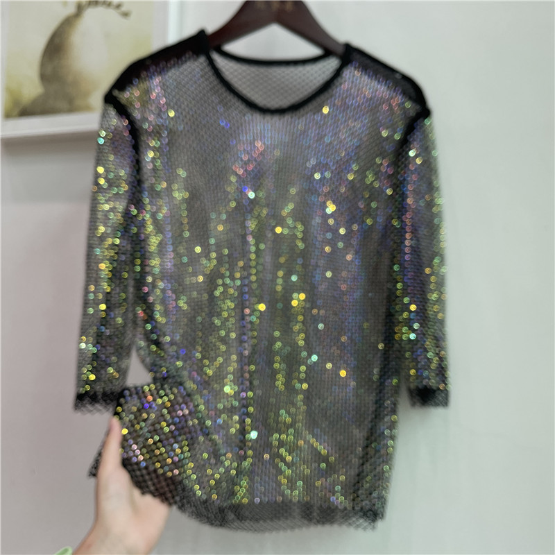 Crystal Mesh Fabric - ColorShiny Diamonds Elektrisches Silben-Basic-Shirt für Damen,