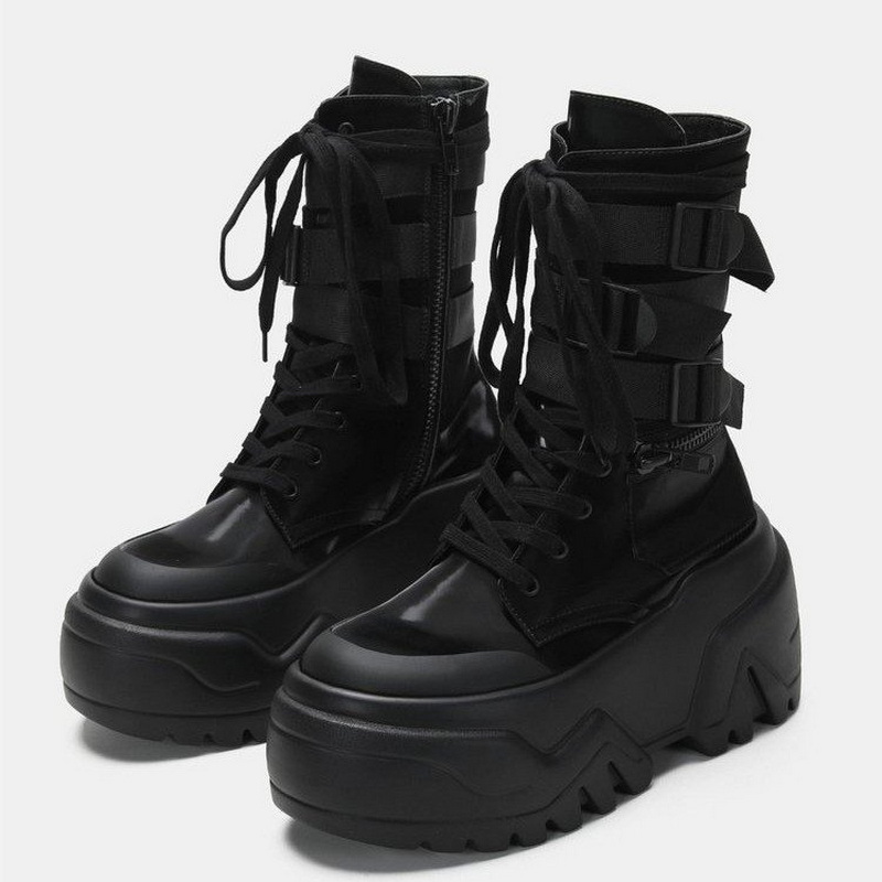Guipure Lace Panel - Modische Damen Chunky Platform Motorradstiefel Weiße