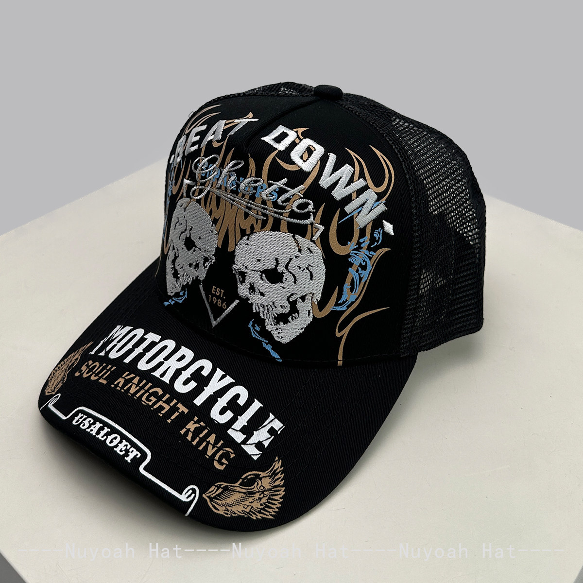 Embroidery Craft - Totenkopf-Flammen-Stickerei Hardtop Trucker Cap Frühling Sommer