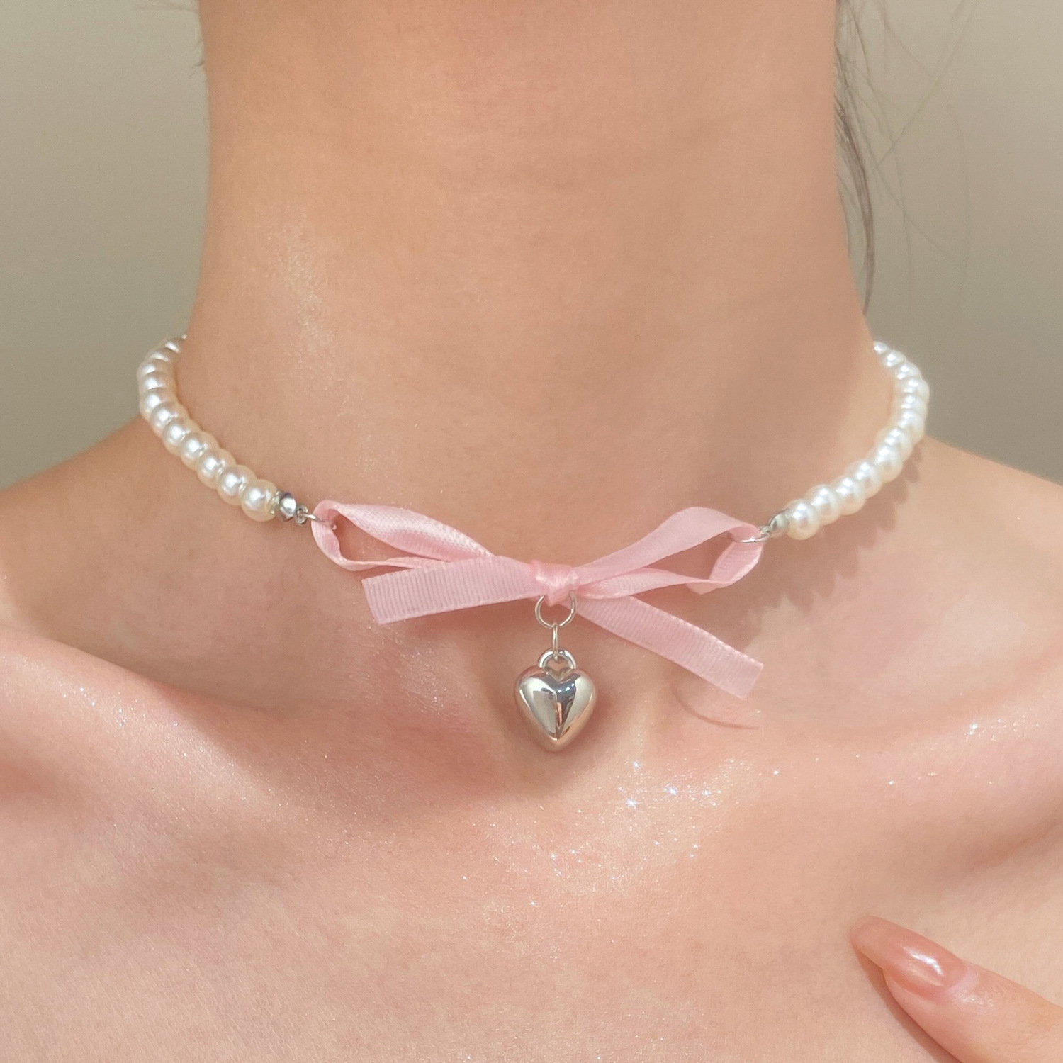 Pearl Trim Chain - Französische romantische rosa Schleife Herz Anhänger