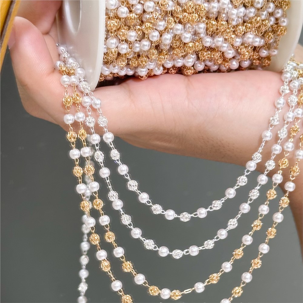 Pearl Trim Chain - 0,5 Meter/1 Meter Kunstperlen-Messingkette für Schmuckherstellung,